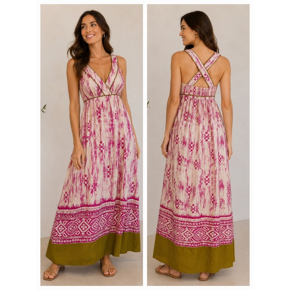 LOFT 100% Silk Pink Ikat Maxi Dress Empire Waist Smocked Crossback Empire Size 2